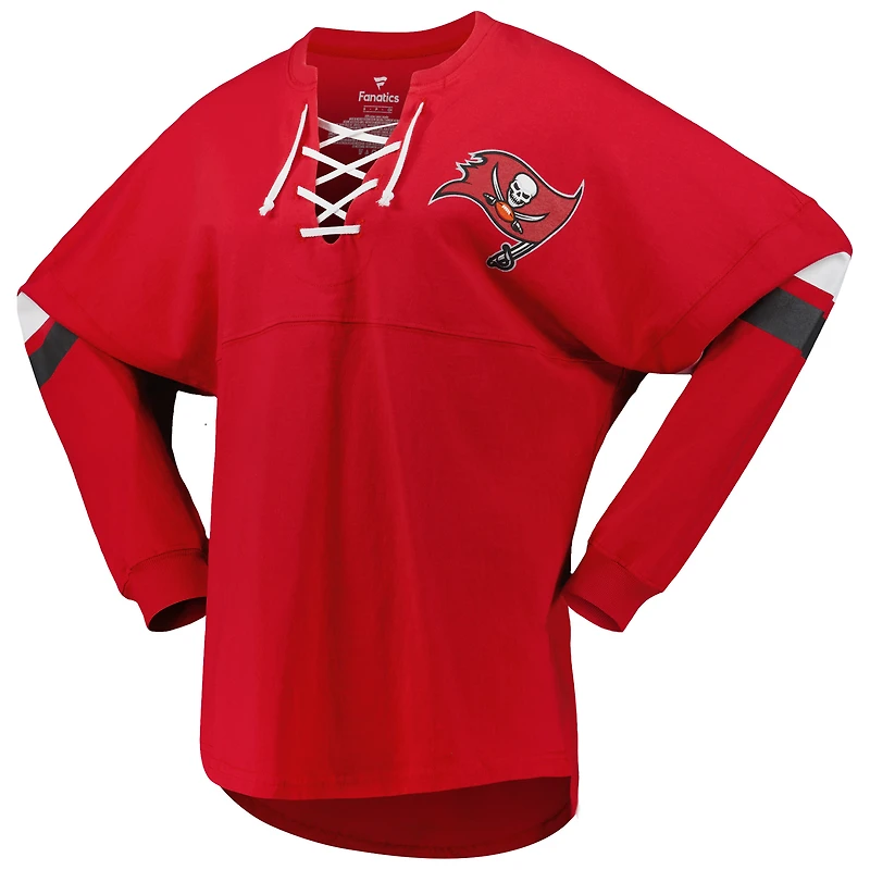 T-shirt à manches longues lacets et col en V Fanatics pour femmes, rouge, Tampa Bay Buccaneers Spirit Jersey