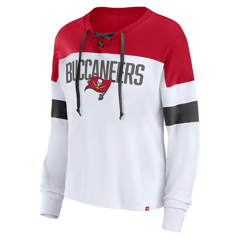 T-shirt à manches longues et col en V lacets Fanatics pour femmes, blanc/rouge, Tampa Bay Buccaneers Even Match
