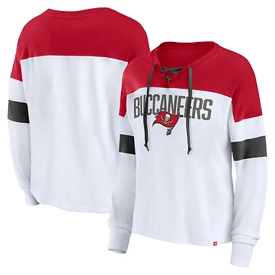T-shirt à manches longues et col en V lacets Fanatics pour femmes, blanc/rouge, Tampa Bay Buccaneers Even Match