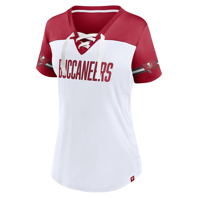 Women's Fanatics White Tampa Bay Buccaneers Dueling Slant V-Neck Lace-Up T-Shirt