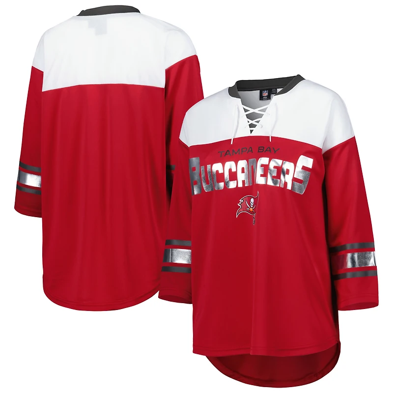 T-shirt à lacets manches 3/4 pour femme G-III 4Her by Carl Banks Rouge/Blanc Tampa Bay Buccaneers Double Team