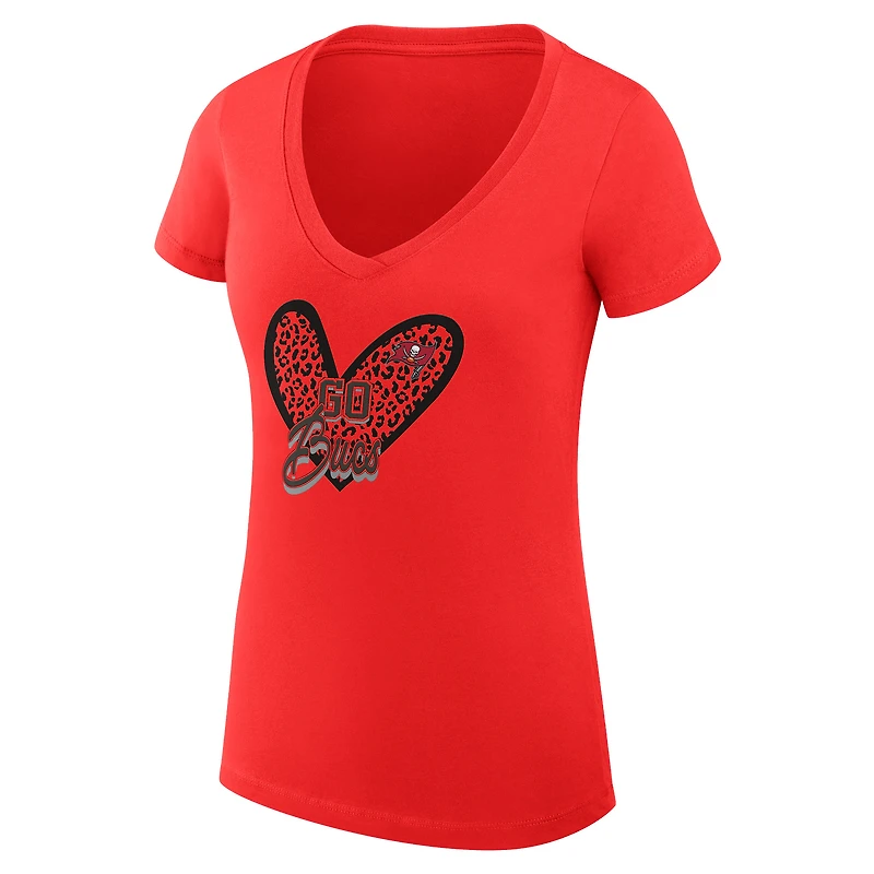 Women's G-III 4Her by Carl Banks Red Tampa Bay Buccaneers Super-Slim Fit Lightweight Leopard Heart V-Neck T-Shirt