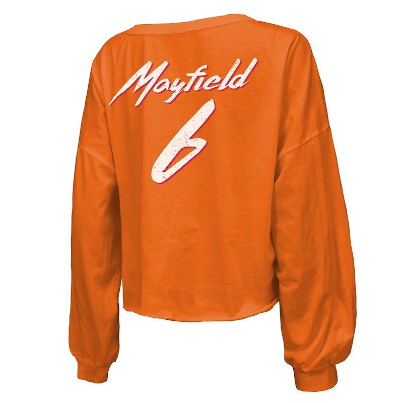 Women's Majestic Threads Baker Mayfield Orange Tampa Bay Buccaneers Off-Shoulder Script Name & Number V-Neck T-Shirt