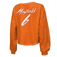 Women's Majestic Threads Baker Mayfield Orange Tampa Bay Buccaneers Off-Shoulder Script Name & Number V-Neck T-Shirt