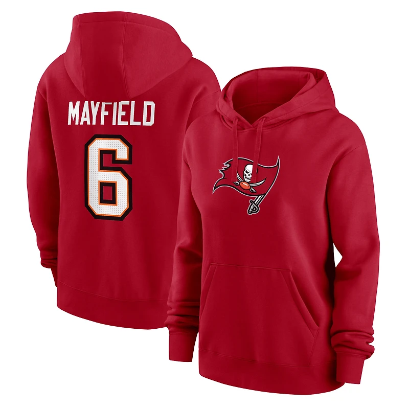 Sweat à capuche polaire Nike Baker Mayfield rouge pour femme, avec nom et numéro du joueur des Buccaneers de Tampa Bay.