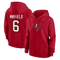 Sweat à capuche polaire Nike Baker Mayfield rouge pour femme, avec nom et numéro du joueur des Buccaneers de Tampa Bay.