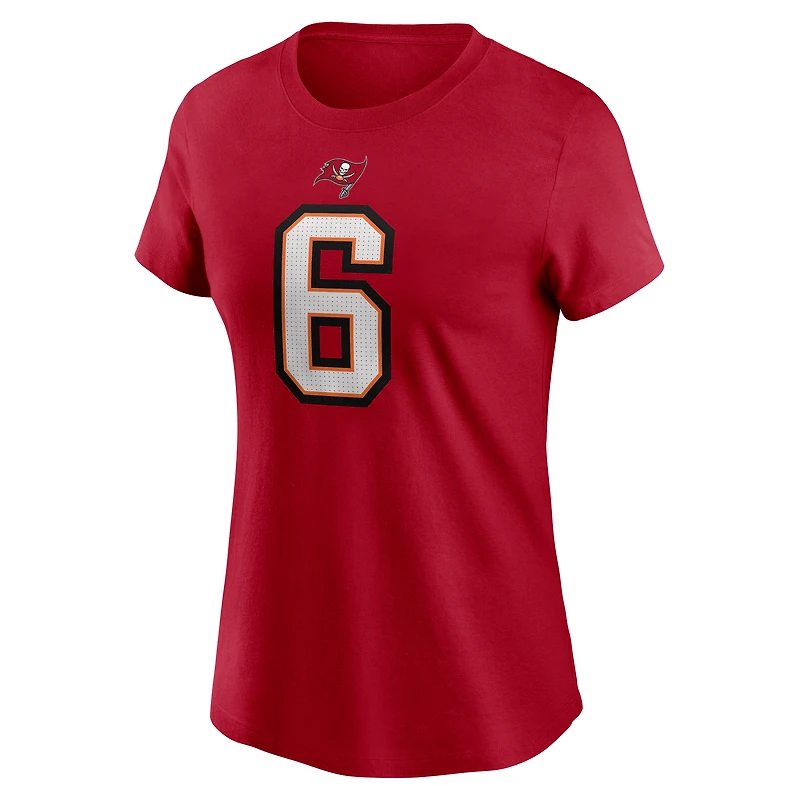 T-shirt Nike Baker Mayfield blanc pour femme avec nom et numéro des Tampa Bay Buccaneers