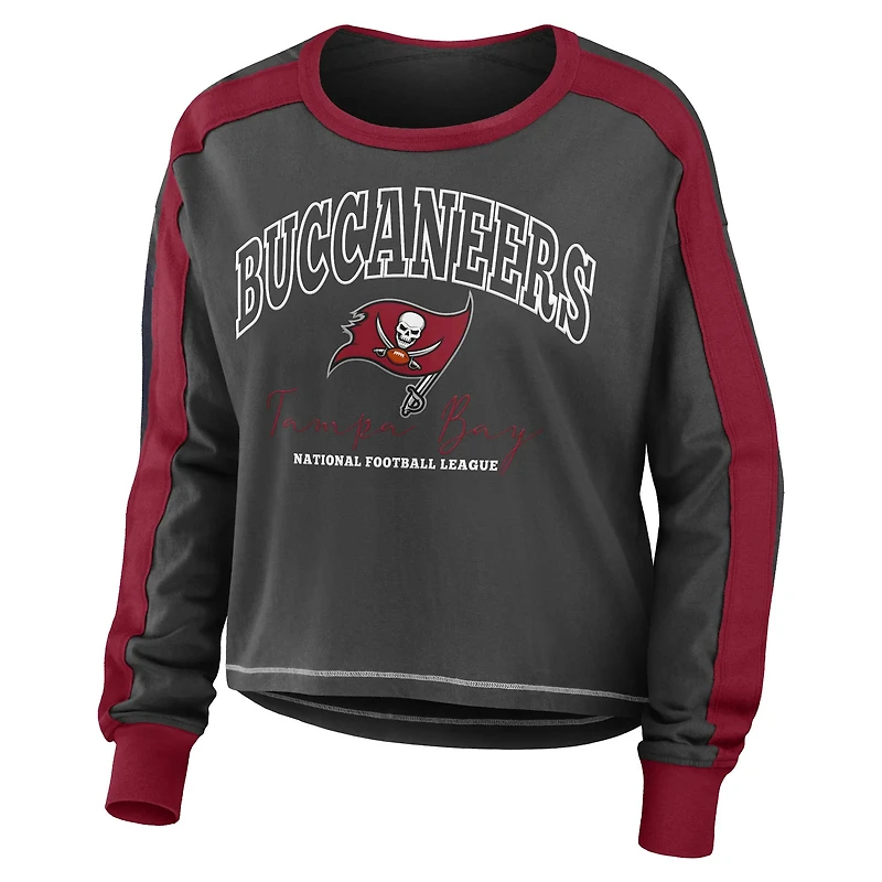Women's WEAR by Erin Andrews Pewter/Red Tampa Bay Buccaneers Color Block Modest Crop Long Sleeve T-Shirt