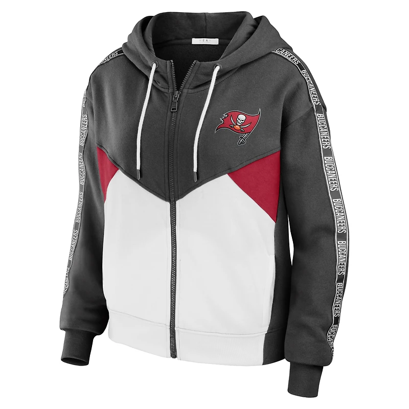 Women's WEAR by Erin Andrews Pewter/White Tampa Bay Buccaneers Color Block Light Weight Modest Crop Full-Zip Hoodie