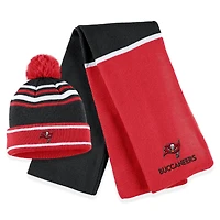 Women's WEAR by Erin Andrews Rouge Tampa Bay Buccaneers Bonnet en tricot à revers colorblock avec pompon et écharpe