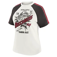 Women's WEAR by Erin Andrews White Tampa Bay Buccaneers Sleeve Stripe Distressed Raglan T-Shirt