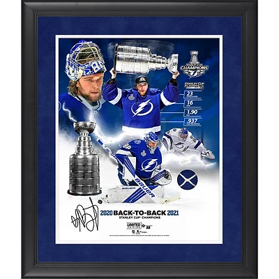 Andrei Vasilevskiy Tampa Bay Lightning Autographed Framed 16'' x 20'' 2021 Stanley Cup Champions Goalie Collage with a Piece of Game-Used Net from the 2021 Stanley Cup Finals - Limited Edition of 88