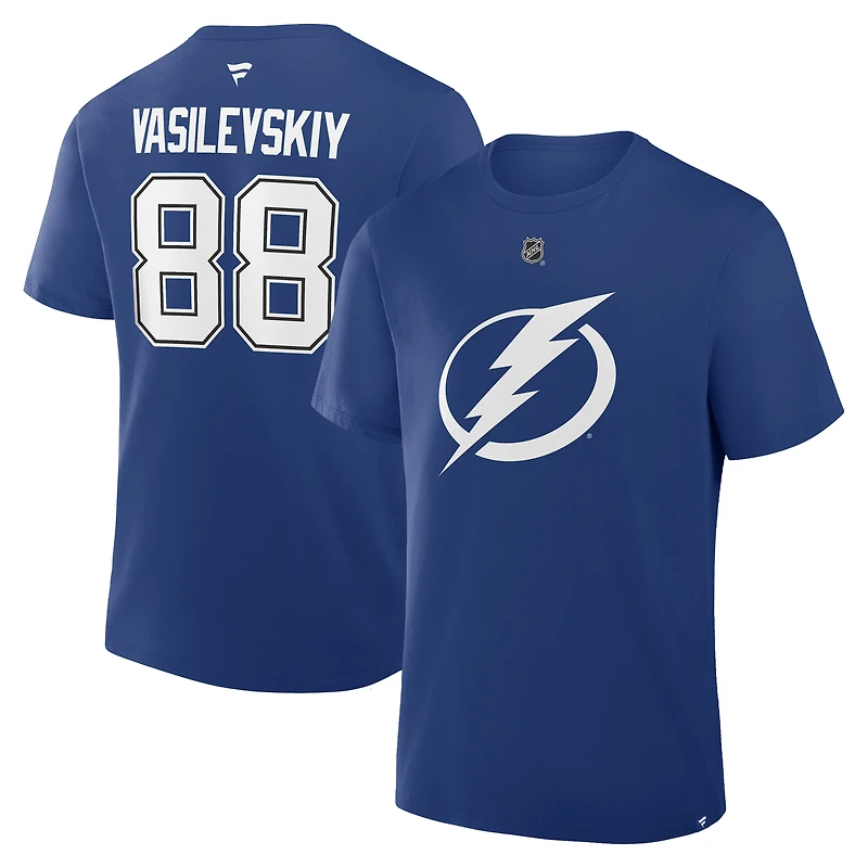 T-shirt bleu authentique avec nom et numéro de pile du Lightning Tampa Bay pour hommes Fanatics Andrei Vasilevskiy