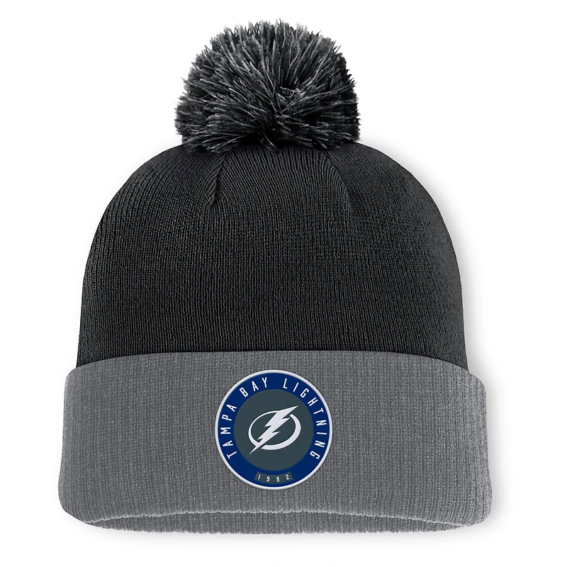 Bonnet en tricot à revers Aspyn Fanatics noir pour homme avec pompon, Lightning de Tampa Bay