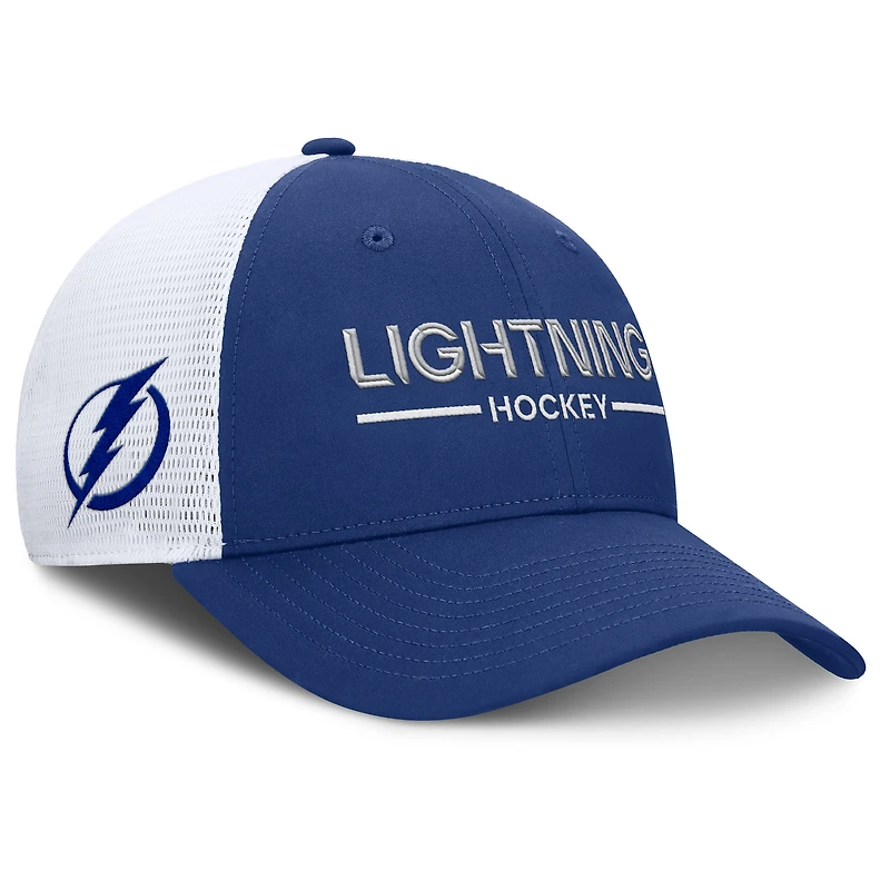 Casquette de camionneur ajustable authentique Pro Rink Lockup bleu/blanc des Lightning de Tampa Bay pour homme