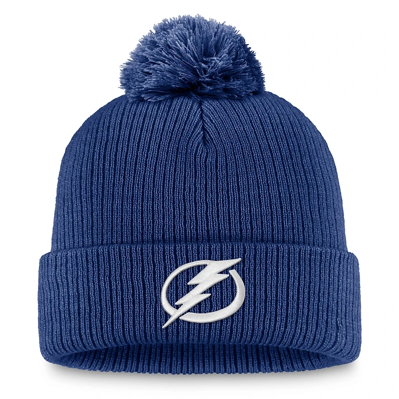 Bonnet en tricot à revers avec logo principal du Lightning de Tampa Bay bleu Fanatics pour homme et pompon
