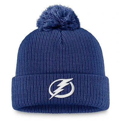 Bonnet en tricot à revers avec logo principal du Lightning de Tampa Bay bleu Fanatics pour homme et pompon