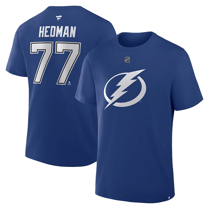 T-shirt bleu authentique avec nom et numéro de pile pour homme Fanatics Victor Hedman, Lightning Tampa Bay
