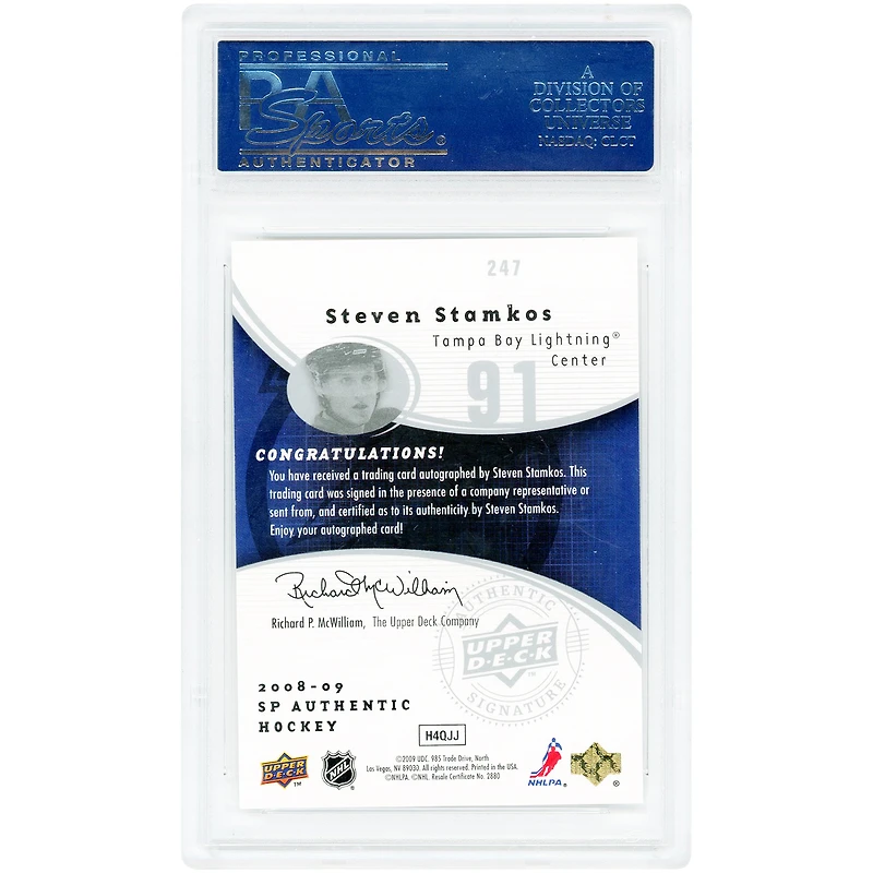Carte de recrue autographiée de Steven Stamkos (Tampa Bay Lightning), saison 2008-2009, Upper Deck SP Authentic Future Watch n° 247, n° 881/999, authentifiée par PSA.