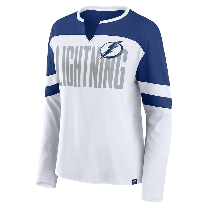 T-shirt à manches longues et col cranté pour femme Fanatics Tampa Bay Lightning blanc/bleu Frozen