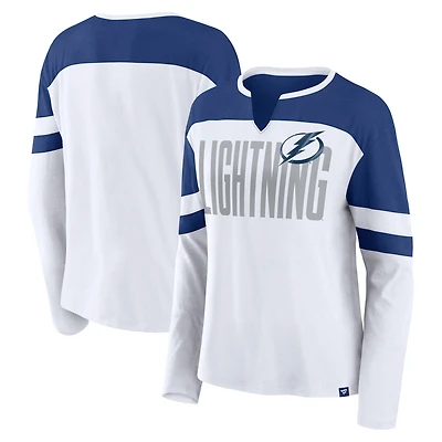 T-shirt à manches longues et col cranté pour femme Fanatics Tampa Bay Lightning blanc/bleu Frozen