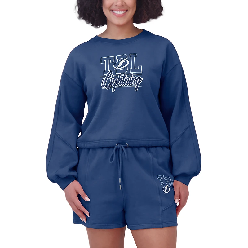 Ensemble de détente pour femme WEAR by Erin Andrews avec sweat-shirt et short en molleton délavé bleu Tampa Bay Lightning