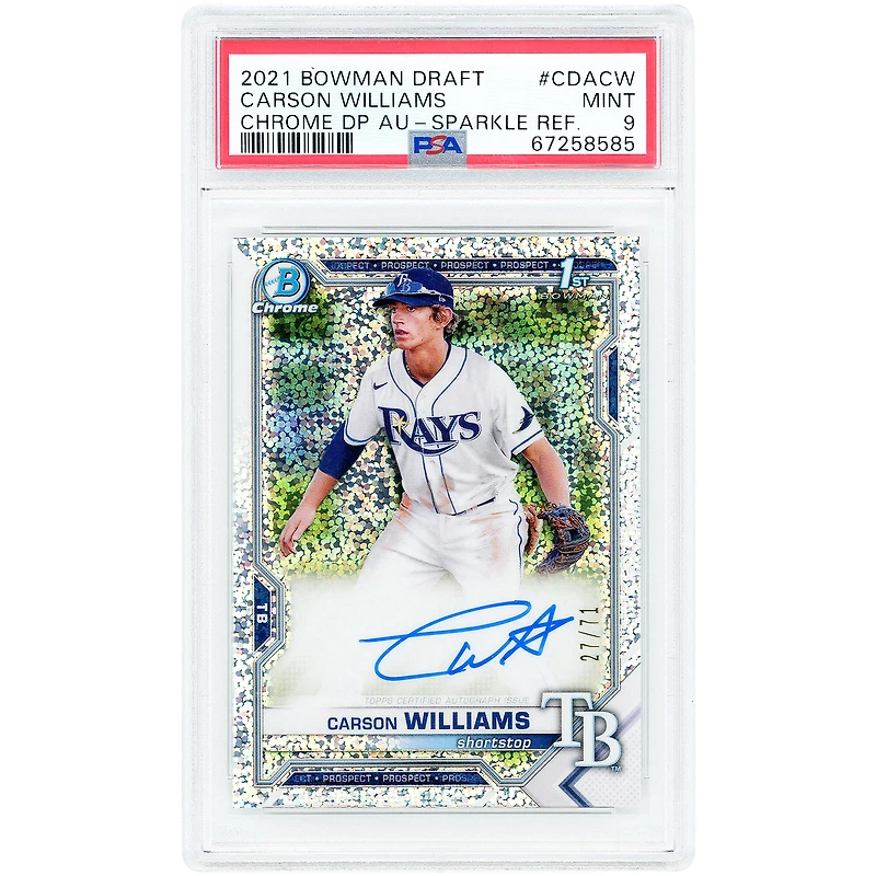 Carson Williams Tampa Bay Rays Autographed 2021 Bowman Chrome Sparkle Refractor #CDA-CW #27/71 PSA Authenticated 9 Card