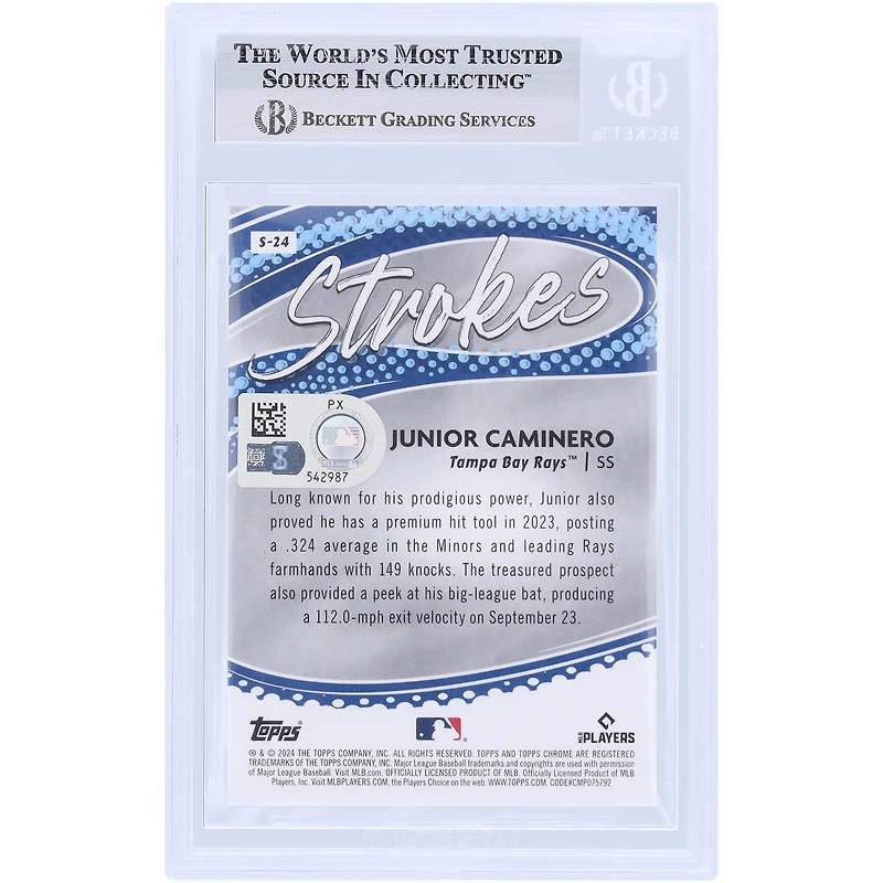 Carte de recrue authentifiée signée par Junior Caminero des Tampa Bay Rays, Topps Chrome Strokes #S-24, 2024, vue par les fans de Beckett