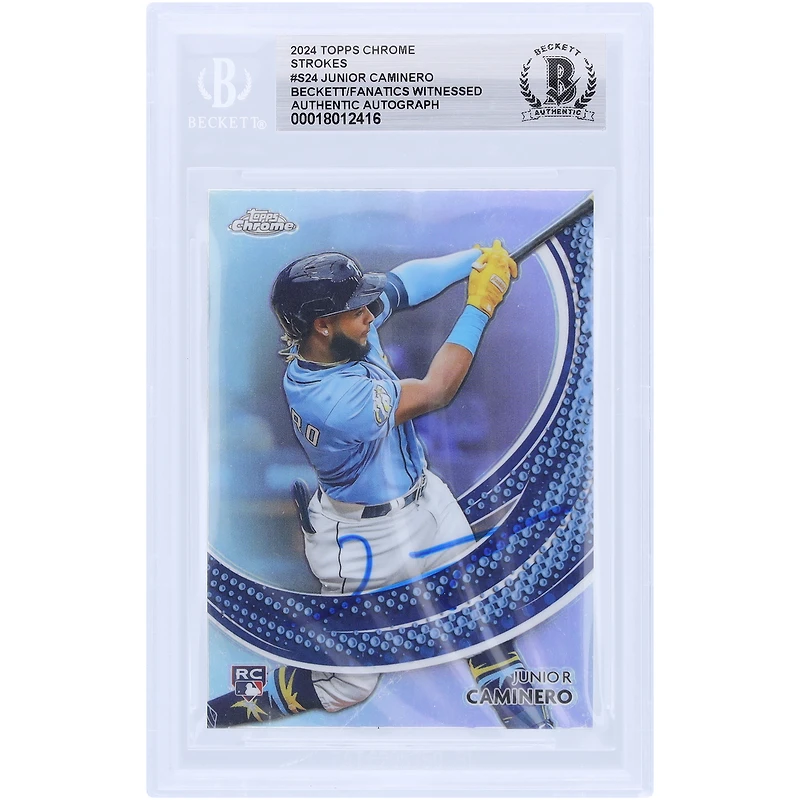 Carte de recrue authentifiée signée par Junior Caminero des Tampa Bay Rays, Topps Chrome Strokes #S-24, 2024, vue par les fans de Beckett