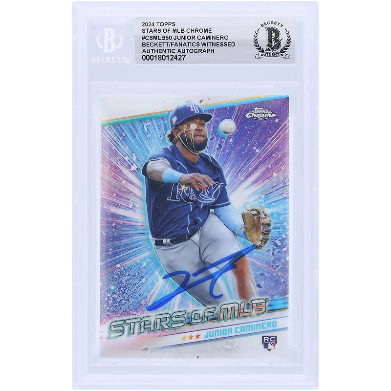 Carte de recrue authentifiée signée par Junior Caminero des Tampa Bay Rays, Topps Stars of MLB 2024, numéro CSMLB-50. Les fans de Beckett ont été témoins de la carte.