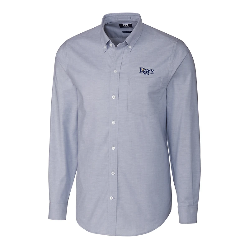 Chemise boutonnée à manches longues en tissu Oxford extensible bleu marine pour homme, modèle Cutter & Buck, des Tampa Bay Rays, de taille grande et