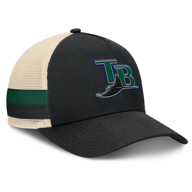 Casquette ajustable Fanatics noire/naturelle pour homme, motif Tampa Bay Rays, rayures latérales héritées