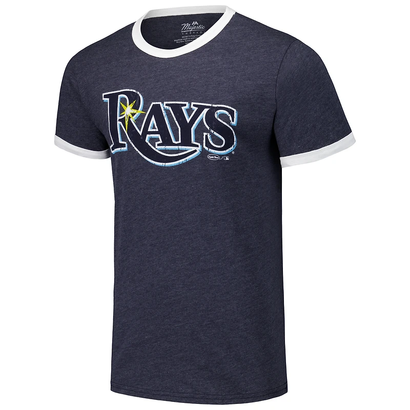 T-shirt tri-mélange Ringer Majestic Threads pour hommes, bleu marine, Tampa Bay Rays