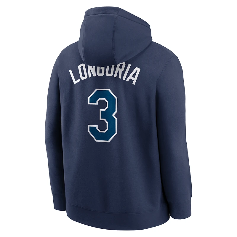Sweat à capuche Nike Evan Longoria bleu marine pour homme, nom et numéro du joueur des Rays de Tampa Bay