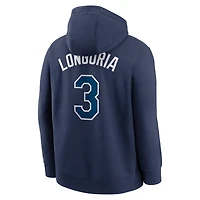 Sweat à capuche Nike Evan Longoria bleu marine pour homme, nom et numéro du joueur des Rays de Tampa Bay