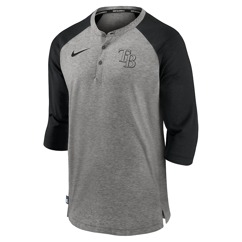 T-shirt à manches 3/4 raglan Nike gris Tampa Bay Rays Authentic Collection Flux Henley pour homme