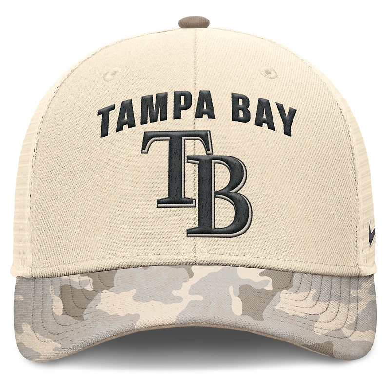 Casquette de camionneur ajustable Nike Natural Tampa Bay Rays Camo Natural Pack Rise pour homme