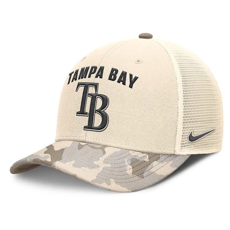 Casquette de camionneur ajustable Nike Natural Tampa Bay Rays Camo Natural Pack Rise pour homme