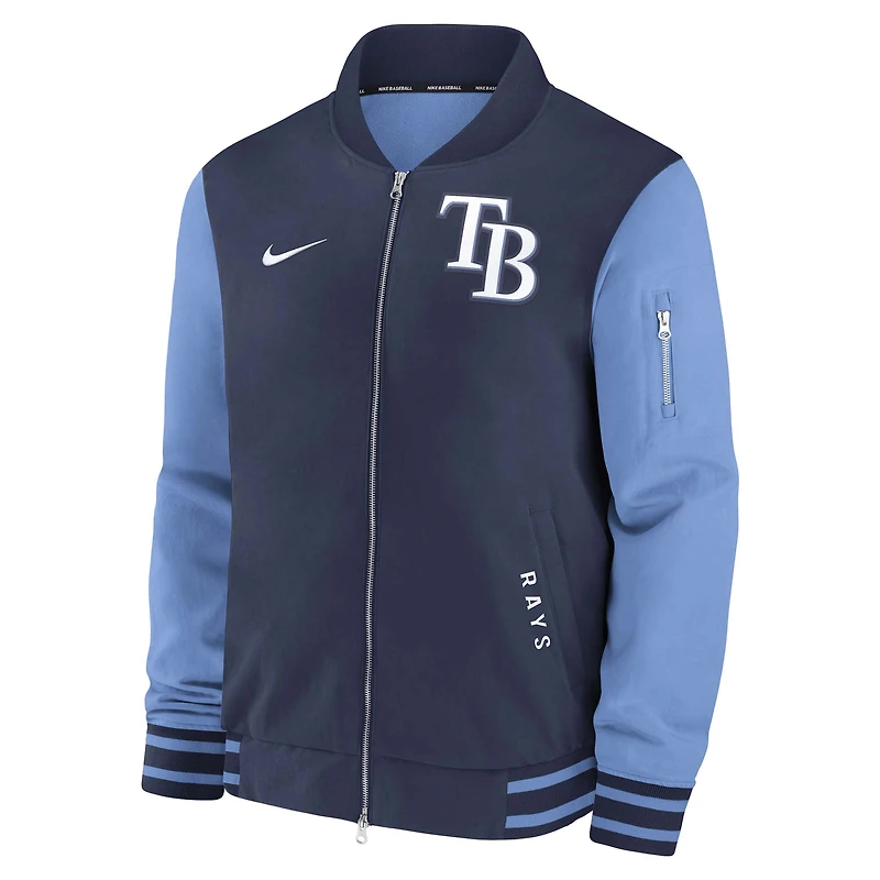 Veste aviateur Nike bleu marine/bleu clair Tampa Bay Rays Authentic Collection Dugout pour homme, coupe décontractée, entièrement zippée