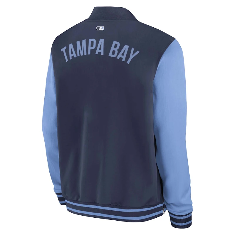 Veste aviateur Nike bleu marine/bleu clair Tampa Bay Rays Authentic Collection Dugout pour homme, coupe décontractée, entièrement zippée