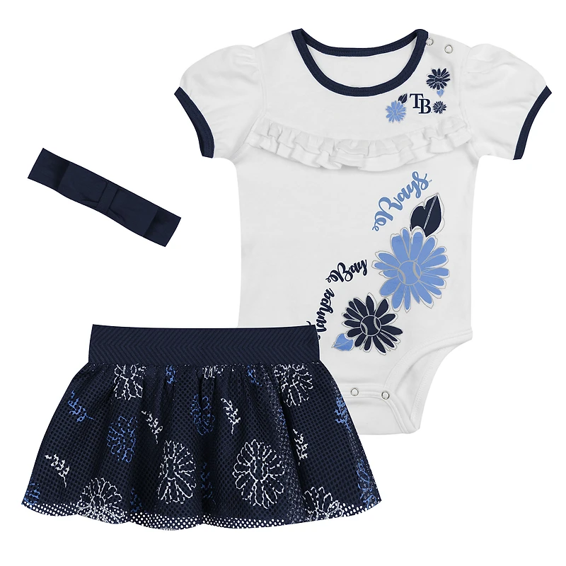 Newborn White/Navy Tampa Bay Rays Sweet Catcher 3-Piece Bodysuit, Headband and Skirt Set