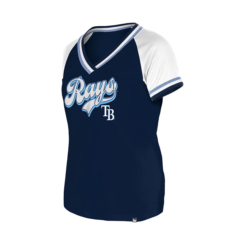 T-shirt à col en V raglan Gameday des Tampa Bay Rays de New Era pour femme bleu marine
