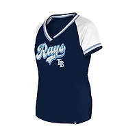 T-shirt à col en V raglan Gameday des Tampa Bay Rays de New Era pour femme bleu marine