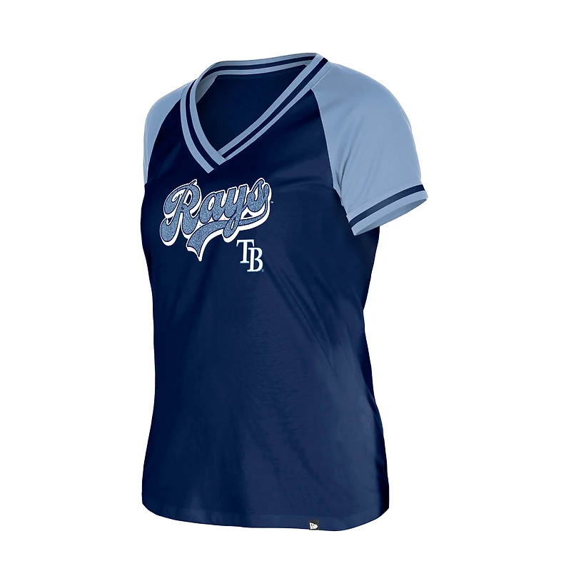 T-shirt à col en V New Era bleu marine pour femme, motif Tampa Bay Rays.