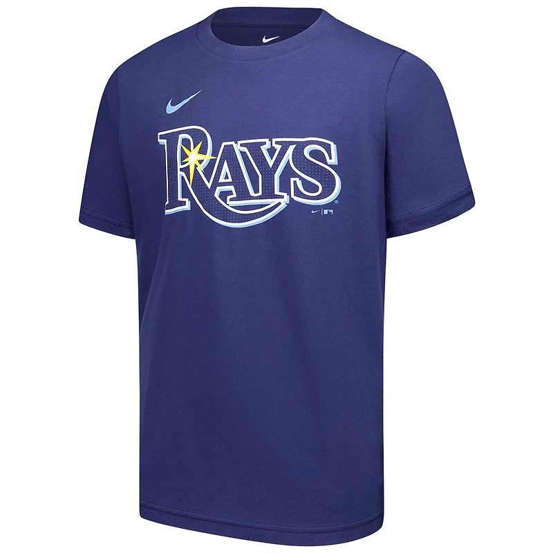 Youth Nike Junior Caminero Navy Tampa Bay Rays Name & Number T-Shirt