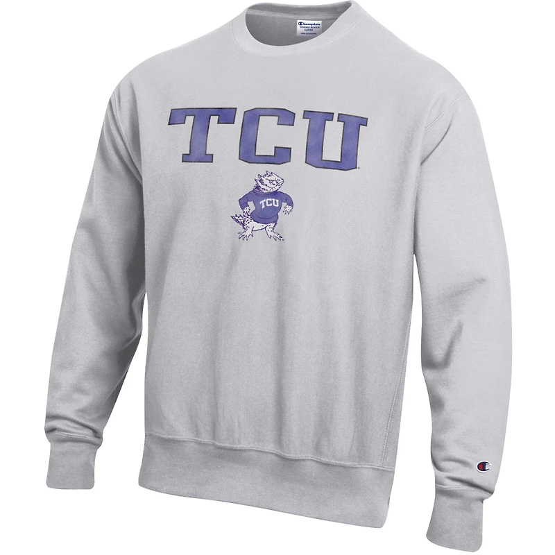Men's Champion Gray TCU Horned Frogs Distressed Arch Over Logo Reverse Weave Crew Neck Sweatshirt