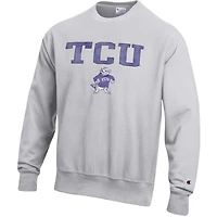 Men's Champion Gray TCU Horned Frogs Distressed Arch Over Logo Reverse Weave Crew Neck Sweatshirt