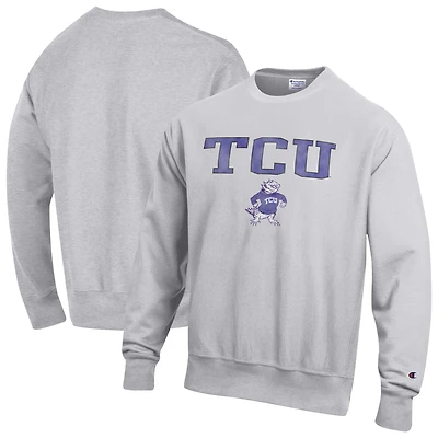 Men's Champion Gray TCU Horned Frogs Distressed Arch Over Logo Reverse Weave Crew Neck Sweatshirt