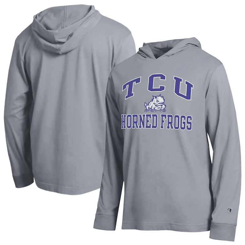 Men's Champion Heather Gray TCU Horned Frogs High Motor All-Star Long Sleeve Hooded T-Shirt