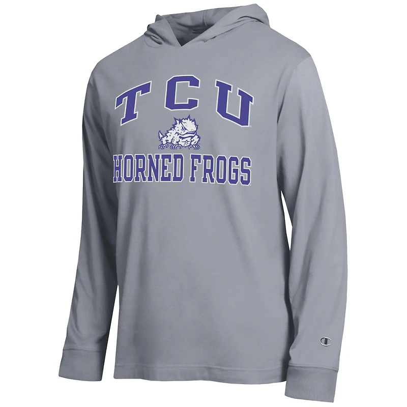 Men's Champion Heather Gray TCU Horned Frogs High Motor All-Star Long Sleeve Hooded T-Shirt